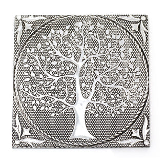 Tree Of Life Set Of 6 Coasters In Holder | Family Coasters With Holder Cup Mug Table Mats | Square Embossed Aluminium Drinks Coaster Set