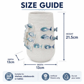 3D Fish Ceramic Vase 21.5cm White Blue Coastal Nautical Decor for Faux Stems