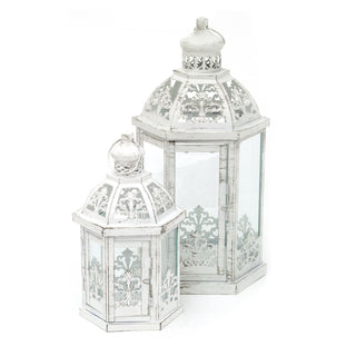 Set Of 2 Moroccan Style White Metal Candle Lanterns For Home & Garden