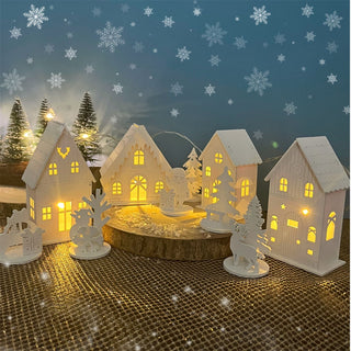 LED Christmas Village | 10-Piece Wooden Christmas Scene with 4 Light-Up Houses
