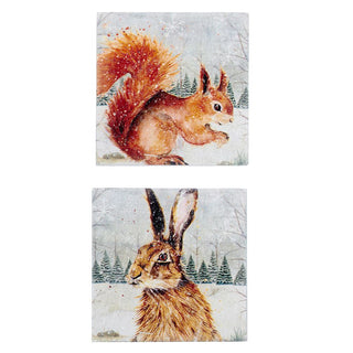 Set Of 2 Winter Woodland Slate Coasters | Rabbit Squirrel Drinks Coaster Set | Animal Square Cup Mug Table Mats