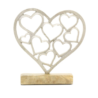 Elegant Silver Metal Love Heart Ornament | Silver Hearts On Wooden Base Sculpture | Anniversary Wedding Gifts