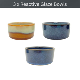 Set of 3 Ceramic Snack Bowls with Round Acacia Wood Serving Tray - 25cm