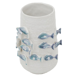 3D Fish Ceramic Vase 21.5cm White Blue Coastal Nautical Decor for Faux Stems