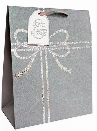 Large Silver Christmas Present Glitter Gift Bag With Tag
