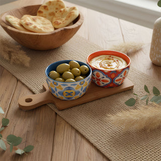Tuscany Set of 2 Ceramic Snack Bowls with Wooden Paddle Serving Tray - 25cm