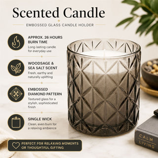 Woodsage & Sea Salt Scented Candle, 10cm Black Glass Jar with White Wax