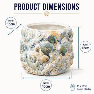 Shell Embossed Planter, 15cm White Ceramic Nautical Round Indoor Plant Cache Pot