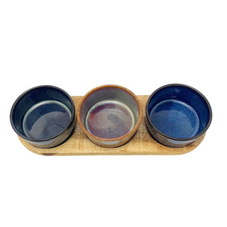 Set of 3 Round Ceramic Snack Bowls with Acacia Wood Serving Tray - 28cm