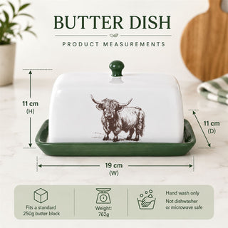 Highland Cow Butter Dish, 19cm White Ceramic Butter Tray with Removable Lid