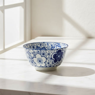 Japanese Style Blue and White Ceramic Bowl, 11.5cm Footed Tapas Snack Bowl