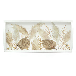 Botanical Pampas Grass Serving Tray Display Tray| White Wooden Tray With Handles Drinks Tray | Kitchen Tea Coffee Tray Snack Trays - 38cm