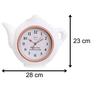 White And Rose Gold Teapot Shaped Kitchen Clock | Modern Wall Mounted Analogue Kettle Wall Clock | 'Happiness Is Homemade' - 28cm