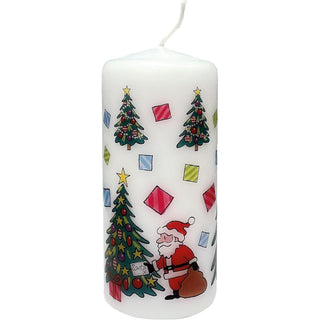 Christmas Trees Pillar Candle | Festive Candle with Colourful Santa Design 13cm