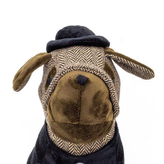 Bulldog Doorstop | Herringbone Fabric Dog Door Stop With Hat And Waistcoat
