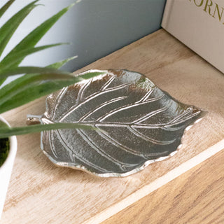 Silver Leaf Trinket Dish | Silver Aluminium Embossed Leaf Shaped Trinket Tray