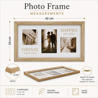 3 Aperture Wedding Photo Frame, Natural Wood Collage Display 42 x 24 cm