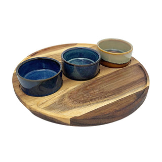 Set of 3 Ceramic Snack Bowls with Round Acacia Wood Serving Tray - 25cm