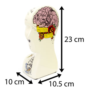 Novelty Ceramic Phrenology Bookends | Vintage Tattoo Head Book End Set | Statue Bust Book Stopper