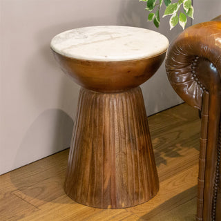 Mango Wood And Marble Side Table | White Marble And Wood Pedestal Table - 53cm