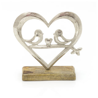 20cm Elegant Heart With Love Birds Ornament On Wood Base | Silver Love Heart On Wooden Base Sculpture | Valentines Anniversary Wedding Gifts