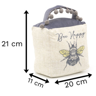 Bee Happy Cube Fabric Bee Doorstop | Honey Bee Pom Pom Doorstopper | Square Bee Door Stop With Handle
