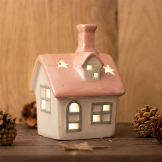 Christmas LED House Ornament | Pink Roof Ceramic LED House Light up Decoration