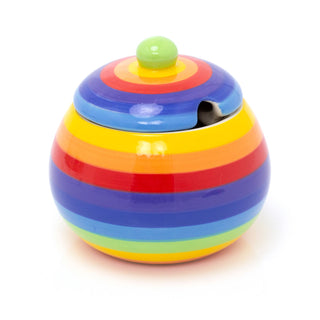 Hand Painted Rainbow Stripe Ceramic Sugar Bowl | Multicoloured Sugar Pot Sugar Container | Lidded Condiment Pot Sugar Jar