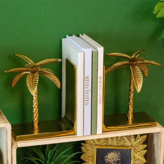 Set Of 2 Gold Tropical Palm Bookends | Aluminium Palm Tree Book Ends Statues