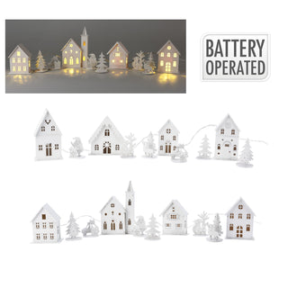 LED Christmas Village | 10-Piece Wooden Christmas Scene with 4 Light-Up Houses