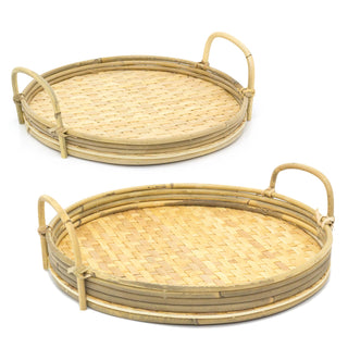 Set Of 2 Bamboo Serving Tray | 2 Piece Round Wooden Tray With Handles | Kitchen Tea Coffee Tray Breakfast Tray