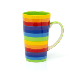 Hand Painted Rainbow Stripe Ceramic Tall Latte Coffee Mug | Large Multi Coloured Tea Cup | Stripped Hot Drinks Mug Coffee Cup