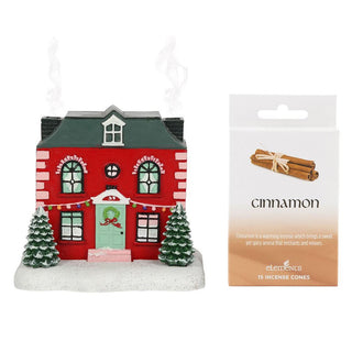 Red Christmas House Incense Burner Festive Cottage Ornament with Cinnamon Cones