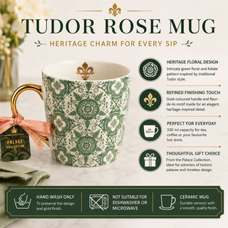 Tudor Rose Mug, 330ml Green Ceramic Tea Mug with Gold-Coloured Handle