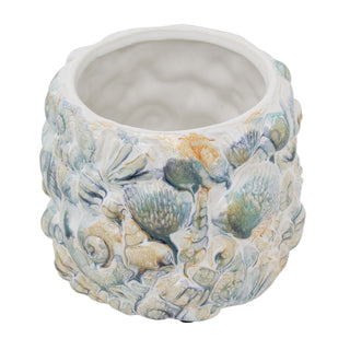 Shell Embossed Planter, 15cm White Ceramic Nautical Round Indoor Plant Cache Pot