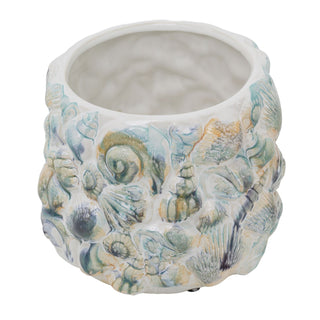 Shell Embossed Plant Pot, 16.5cm White Ceramic Shell Coastal Planter Cache Pot