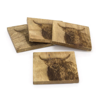 Set Of 4 Mango Wood Highland Cow Coasters | 4 Piece Rustic Coasters With Holder Cup Mug Table Mats | Wooden Square Drinks Coaster Set