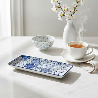 Japanese Style Blue and White Ceramic Serving Platter, 24.5cm Snack Tray Dish