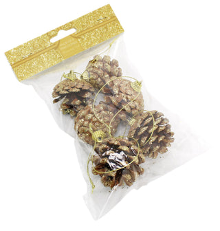 Pack of 6 Gold Glitter Pine Cone Christmas Tree Baubles ~ Hanging Ornament Decoration