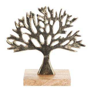 Tree of Life Ornament, 24cm Gold Metal Tree Sculpture on Mango Wood Base