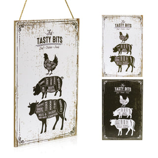 The Tasty Bits Wooden Hanging Plaque Rustic Kitchen Wall Sign Beef Chicken Pork