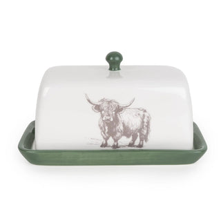Highland Cow Butter Dish, 19cm White Ceramic Butter Tray with Removable Lid