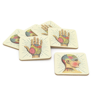 Set Of 6 Phrenology Palmistry Coasters | Novelty Drinks Coasters Set | Mugs Glasses Cups Table Mats