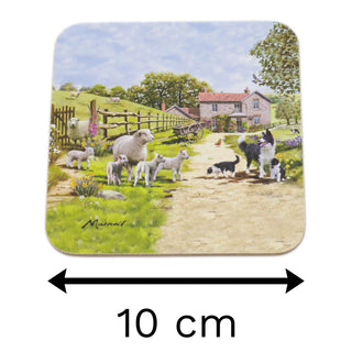 Set Of 4 Country Farmhouse Coasters | Collie & Sheep Drink Coasters Set | Countryside Cup Mug Table Mats