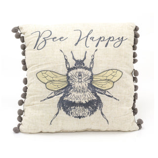 Bee Happy Pompom Scatter Cushion | Honey Bee Fabric Filled Sofa Cushion | Bumble Bee Bed Throw Pillow With Cover - 31cm