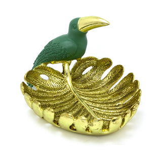 Large Gold Palm Leaf Trinket Dish With Toucan | Tropical Resin Jewellery Dish