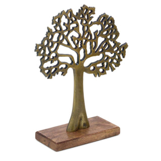 Elegant Gold Tone Tree Of Life Sculpture | Aluminium Tree Ornament Jewellery Stand | Gold Metal Tree Decorative Ornament On Wooden Base
