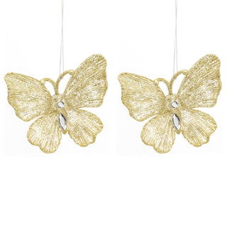 Set Of 2 Champagne Gold Glitter Diamante Butterfly Christmas Baubles | Novelty Hanging Christmas Tree Ornaments | Xmas Baubles Christmas Decor Hanging Decorations