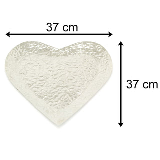 Stylish 37cm Aluminium Embossed Decorative Heart Dish | Large Decorative Silver Metal Display Plate With Hammered Detail | Perfume Jewellery Trinket Candle Tray