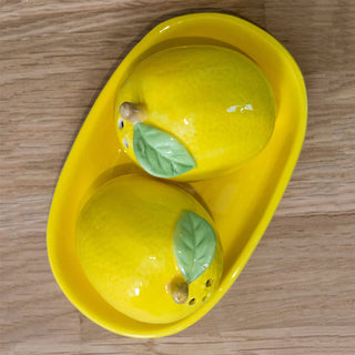 Citrus Fruit Salt & Pepper Shakers Ceramic Salt & Pepper Pots With Tray - Lemon